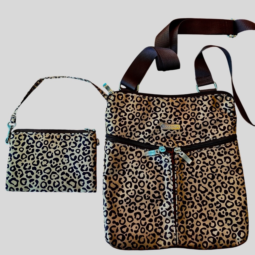 Baggallini Leopard Print Crossbody Bag Purse + Matching Pouch Set